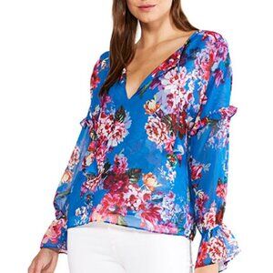 MISA Capriana Blouse Womens XL Blue Floral V-Neck Long Sleeve Top